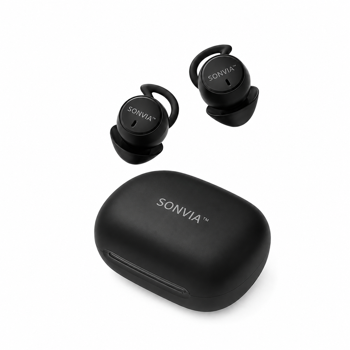 Auriculares traductores SONVIA en su estuche de carga