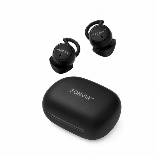 Auriculares traductores SONVIA en su estuche de carga